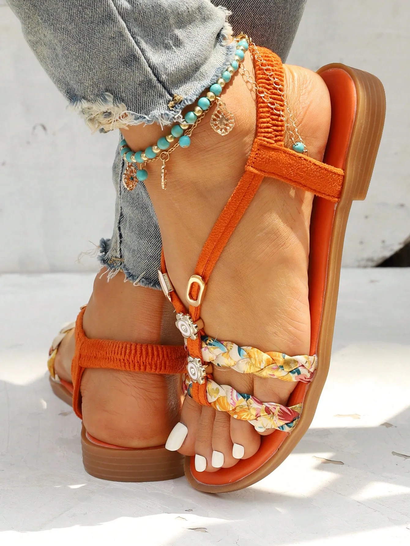 Slingback Flat Sandals with Rhinestone Decor