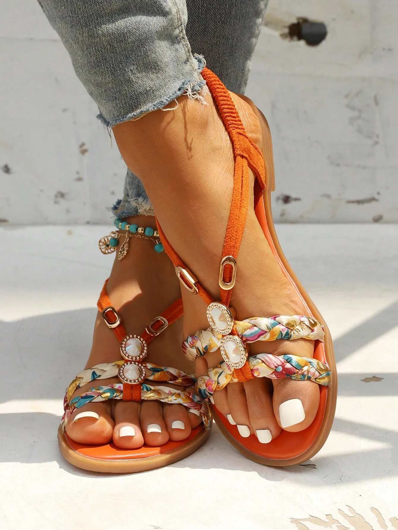 Slingback Flat Sandals with Rhinestone Decor