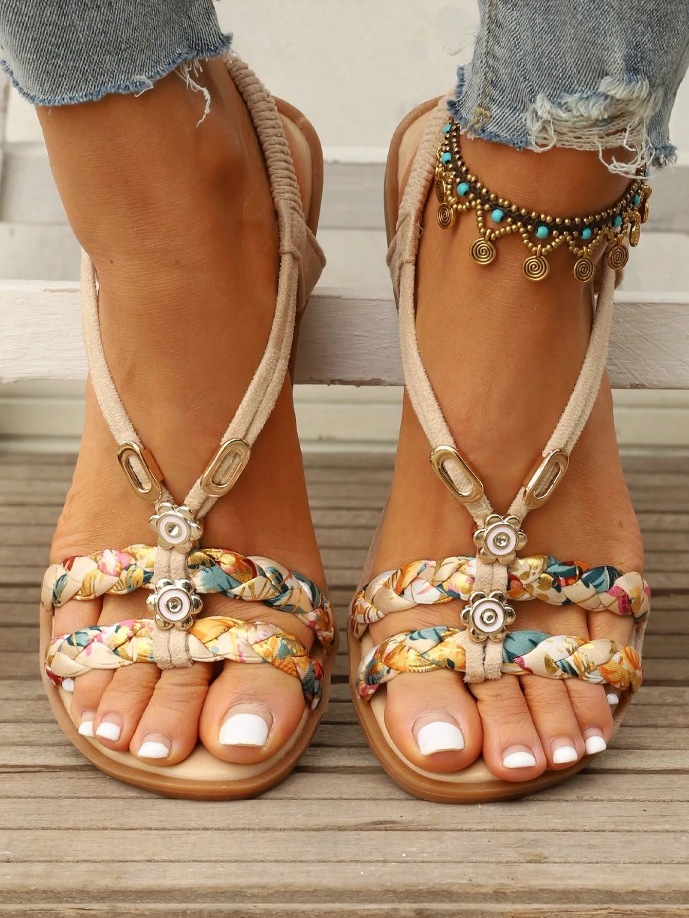 Slingback Flat Sandals with Rhinestone Decor