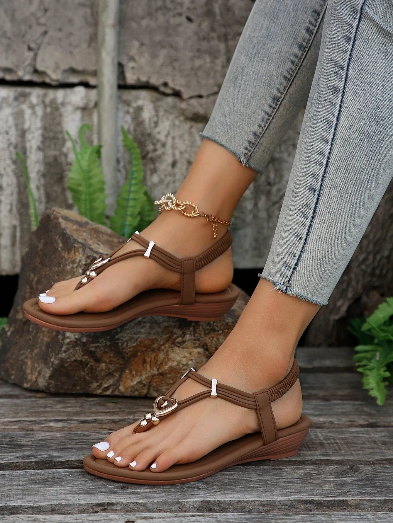 Slingback Flat Sandals with Rhinestone Decor