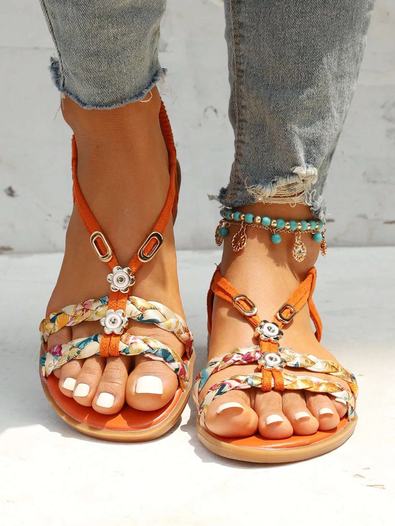 Slingback Flat Sandals with Rhinestone Decor
