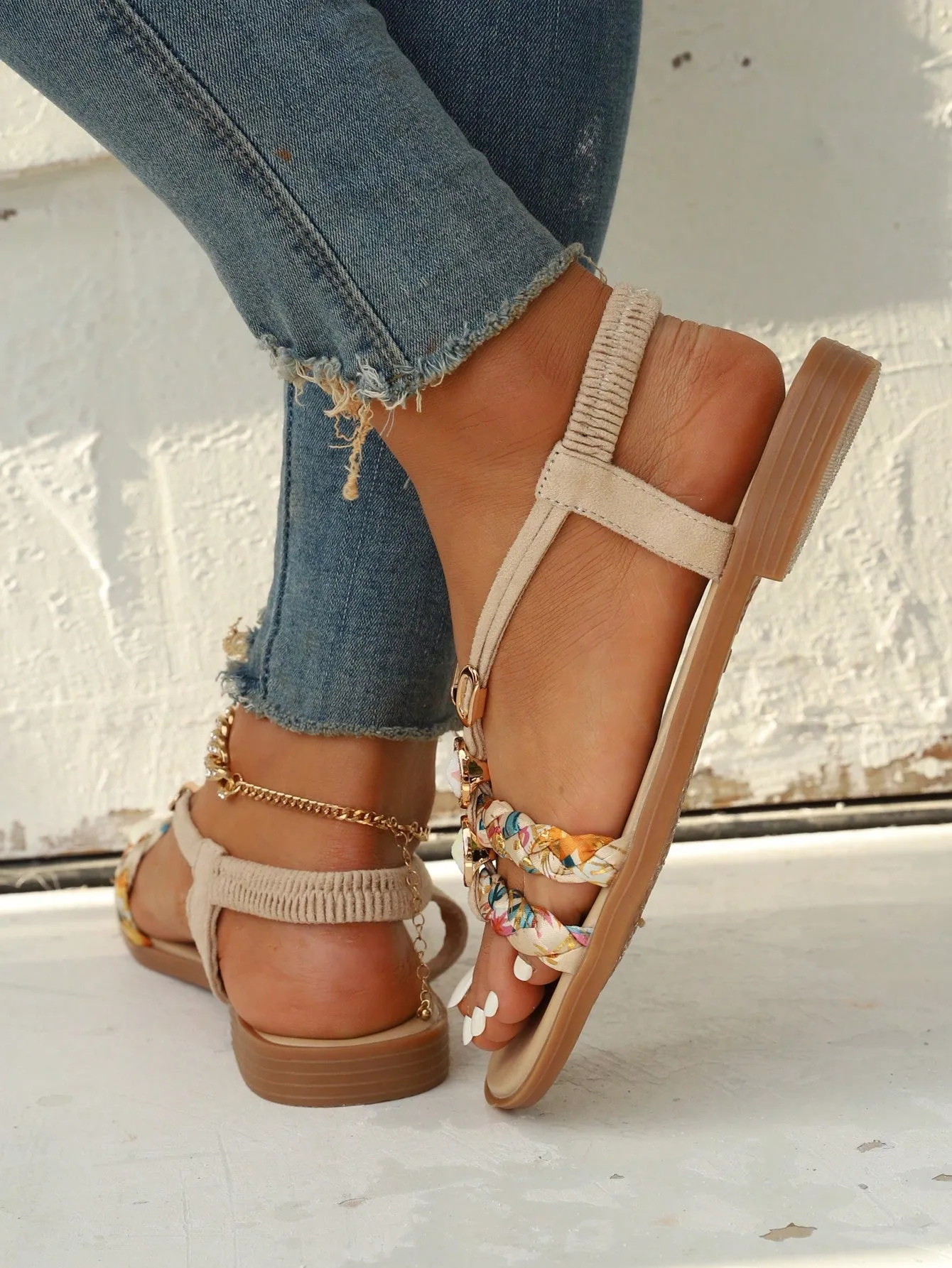 Slingback Flat Sandals with Rhinestone Decor