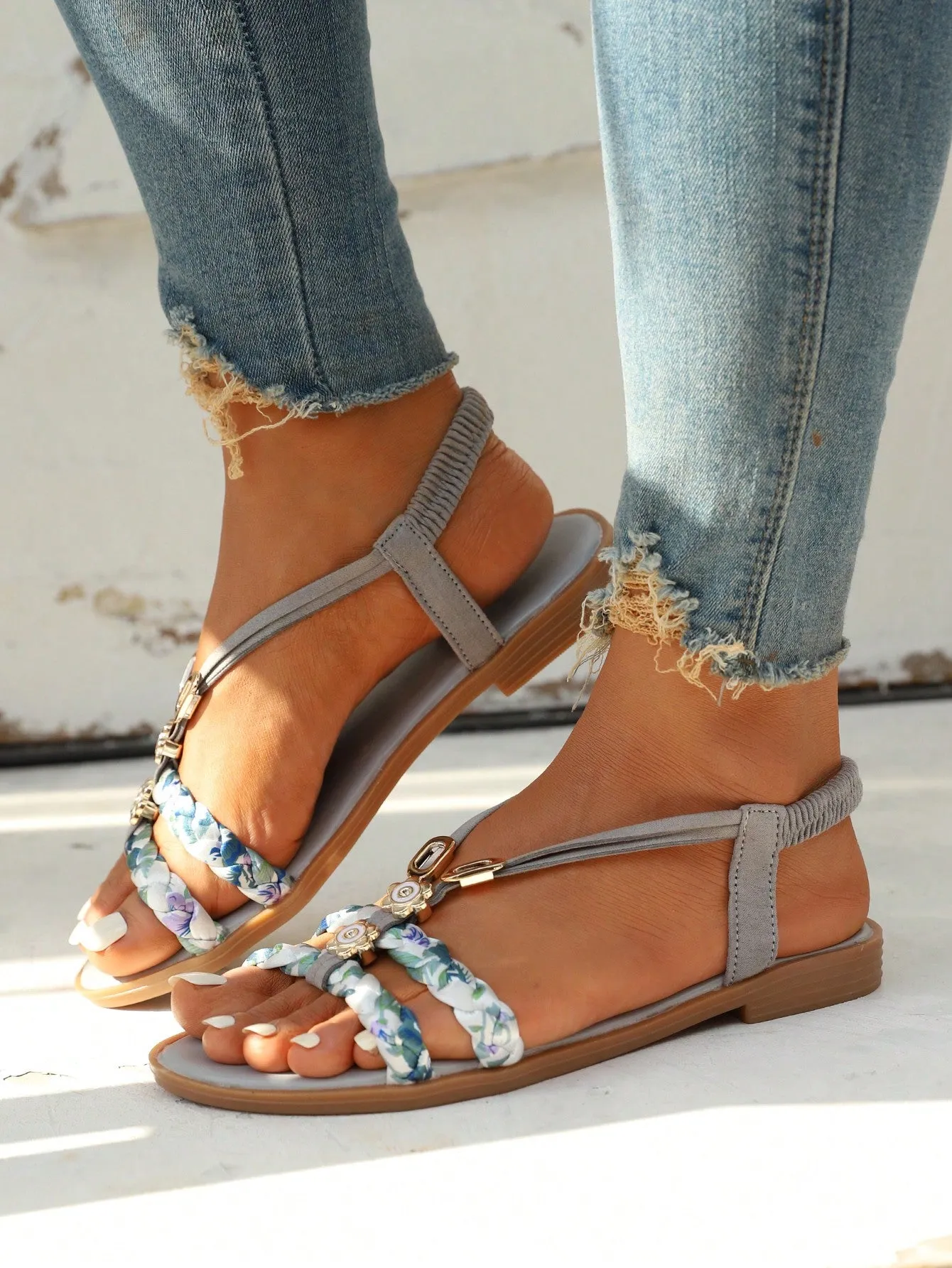 Slingback Flat Sandals with Rhinestone Decor