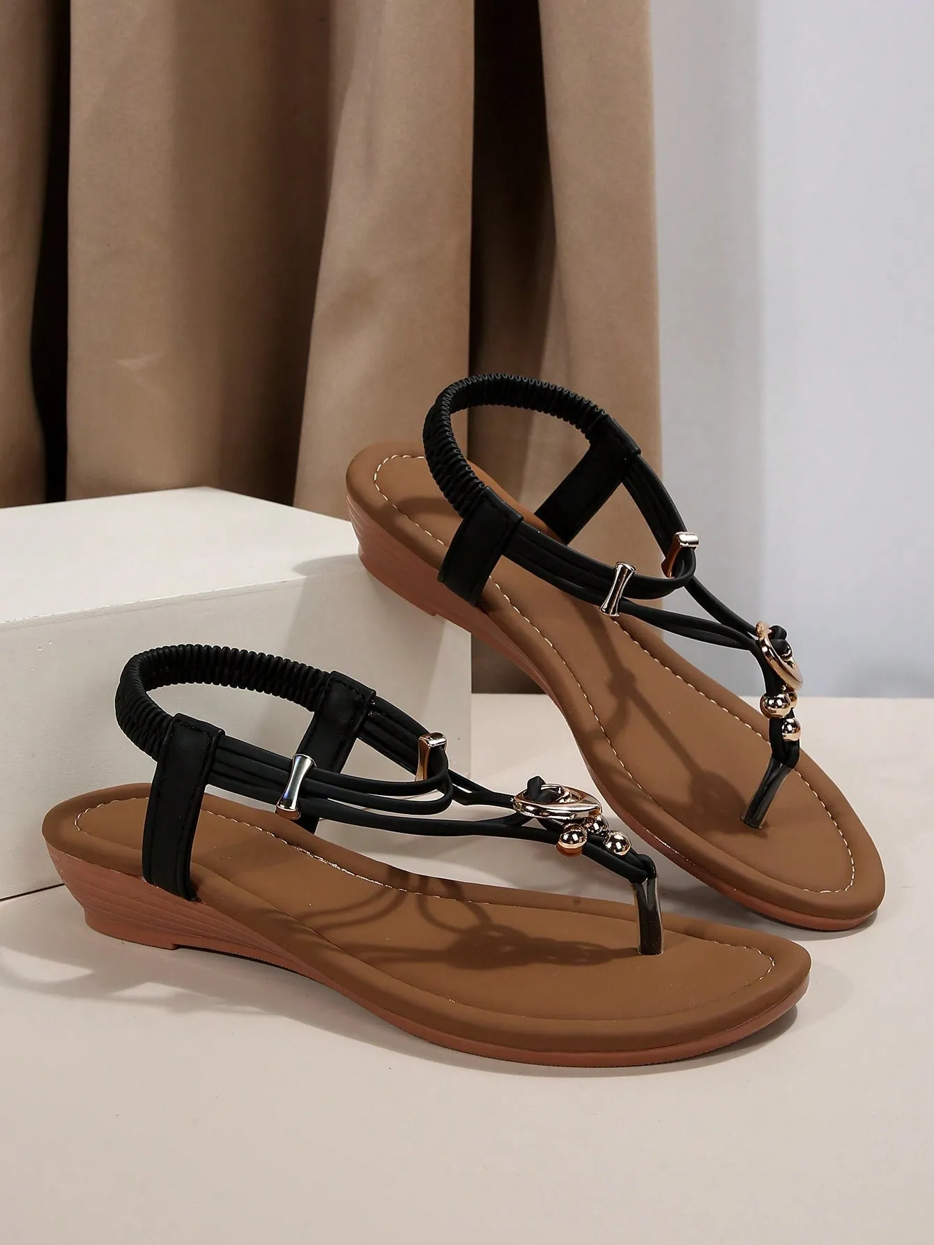 Slingback Flat Sandals with Rhinestone Decor
