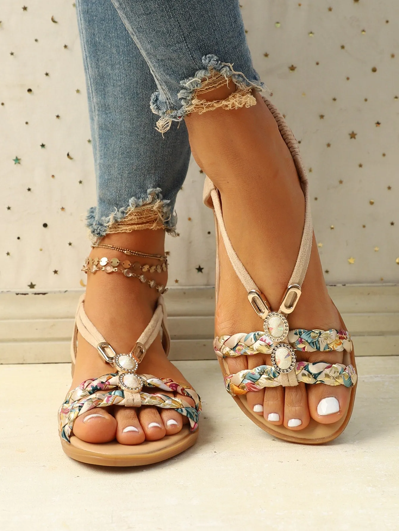 Slingback Flat Sandals with Rhinestone Decor