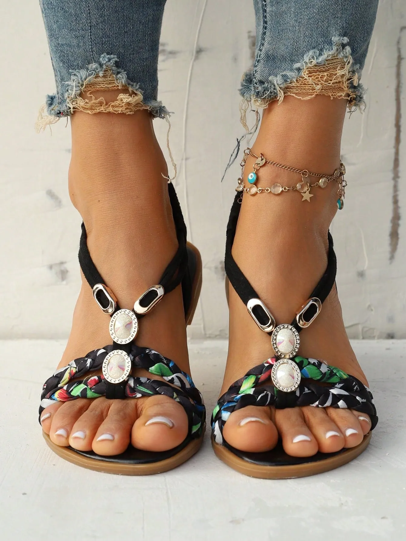 Slingback Flat Sandals with Rhinestone Decor
