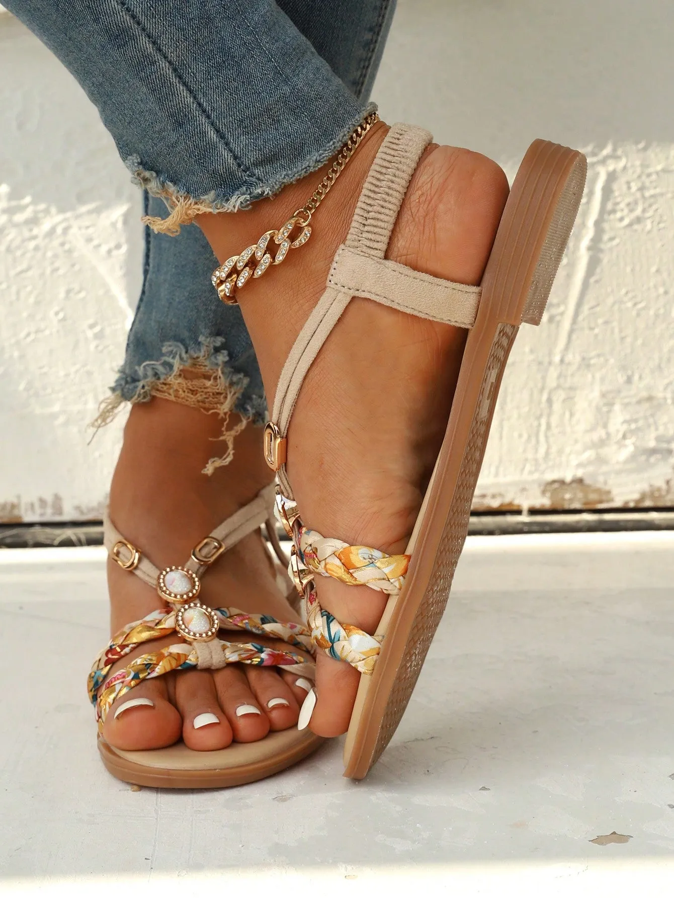 Slingback Flat Sandals with Rhinestone Decor