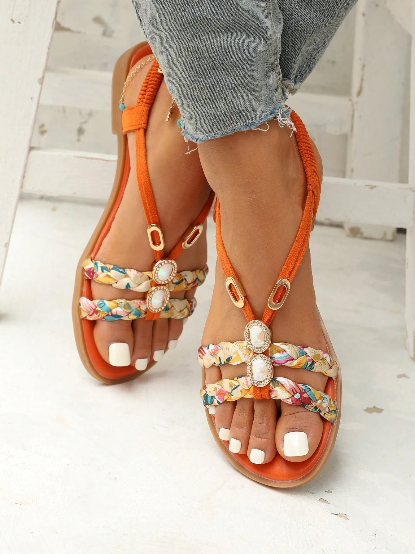 Slingback Flat Sandals with Rhinestone Decor