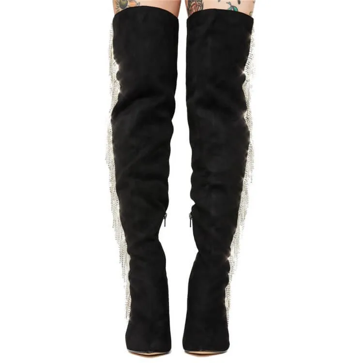 Suede Fringe Rhinestone Point Toe High Heel Over Knee Boots