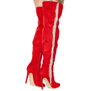 Suede Fringe Rhinestone Point Toe High Heel Over Knee Boots