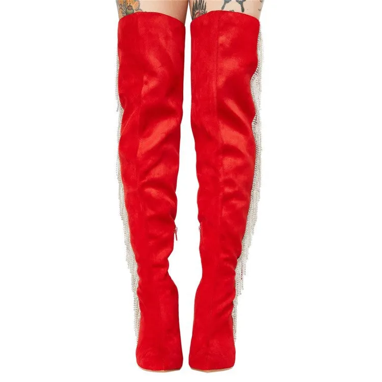 Suede Fringe Rhinestone Point Toe High Heel Over Knee Boots