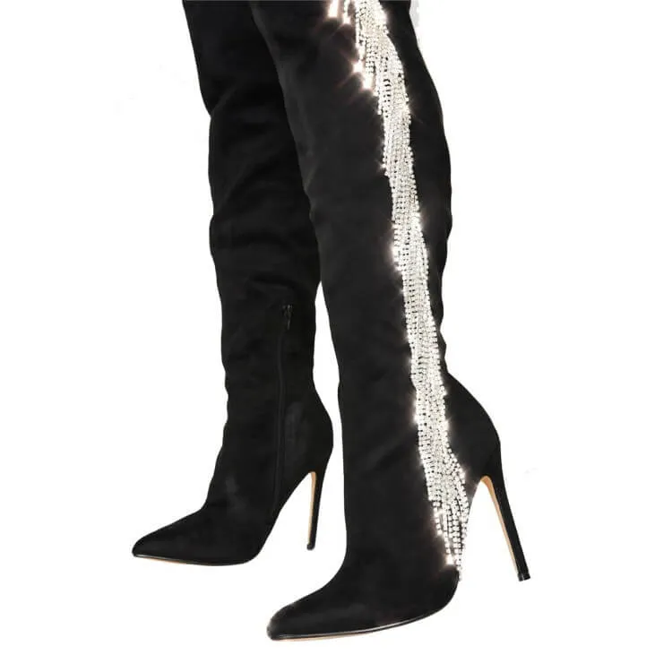 Suede Fringe Rhinestone Point Toe High Heel Over Knee Boots