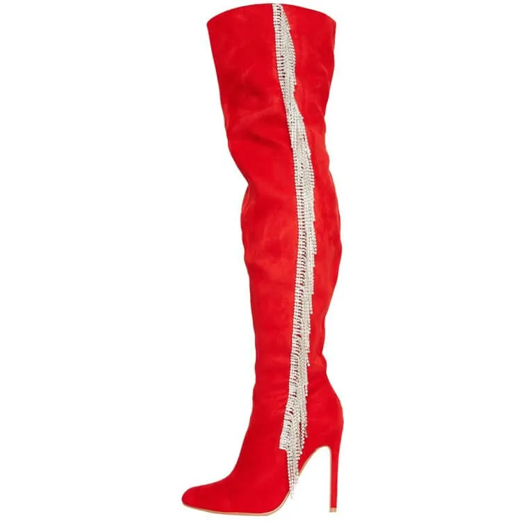 Suede Fringe Rhinestone Point Toe High Heel Over Knee Boots