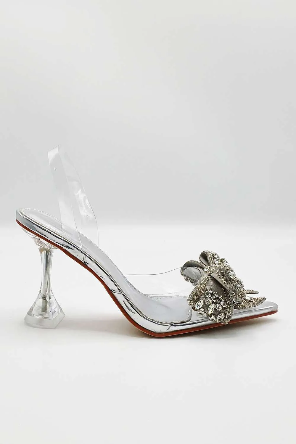 Tatiana Diamante Embellished Bow Detail Slingback Court Shoes in Silver