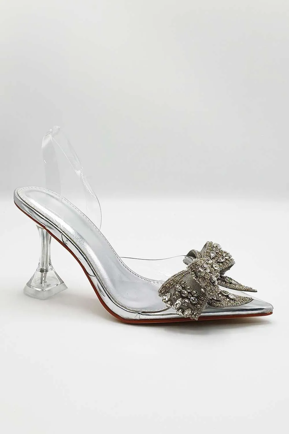 Tatiana Diamante Embellished Bow Detail Slingback Court Shoes in Silver