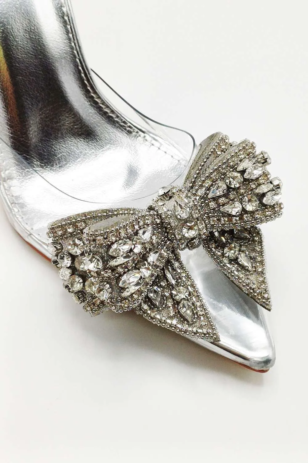 Tatiana Diamante Embellished Bow Detail Slingback Court Shoes in Silver