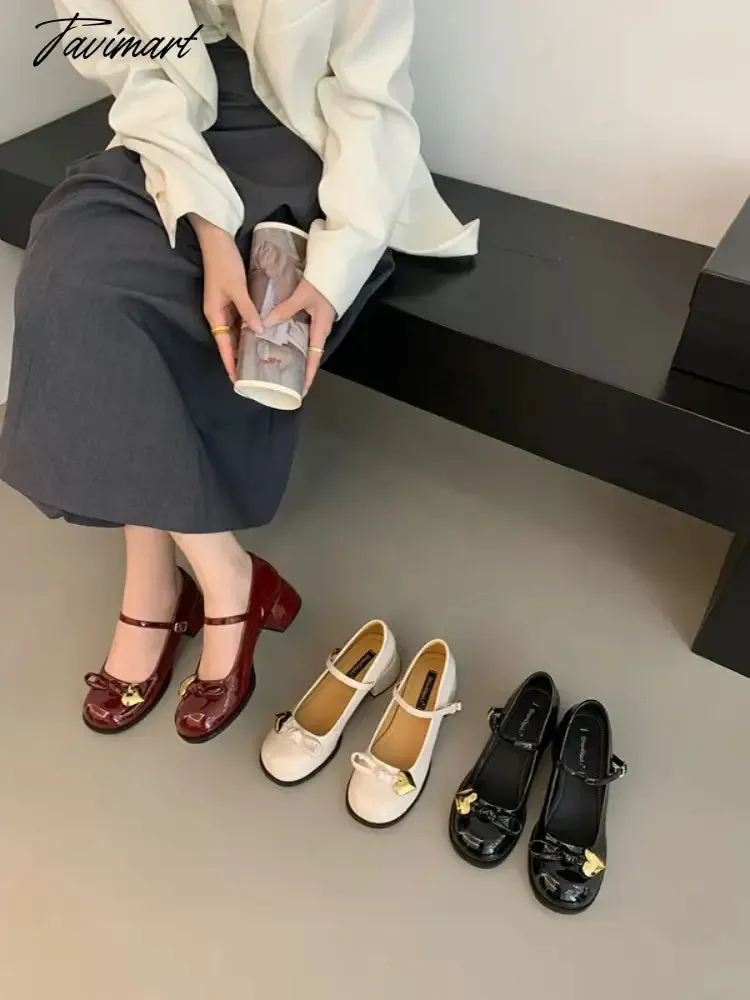 Tavimart French Mary Jane shoes  new spring square toe high heels retro small leather shoes wedding shoes patent leather women's shoes