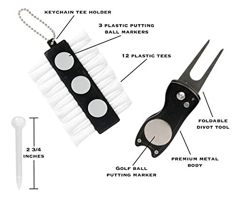 VIXYN Golf Accessories Gift Set - Golf Towel, Golf Club Brush with Groove Cleaner, Foldable Divot Repair Tool with Ball Marker, Golf Ball Line Marker and Tees with Holder - Golf Club Cleaning Kit