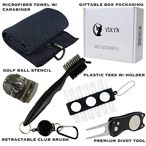 VIXYN Golf Accessories Gift Set - Golf Towel, Golf Club Brush with Groove Cleaner, Foldable Divot Repair Tool with Ball Marker, Golf Ball Line Marker and Tees with Holder - Golf Club Cleaning Kit