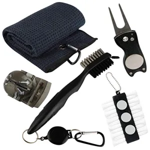 VIXYN Golf Accessories Gift Set - Golf Towel, Golf Club Brush with Groove Cleaner, Foldable Divot Repair Tool with Ball Marker, Golf Ball Line Marker and Tees with Holder - Golf Club Cleaning Kit